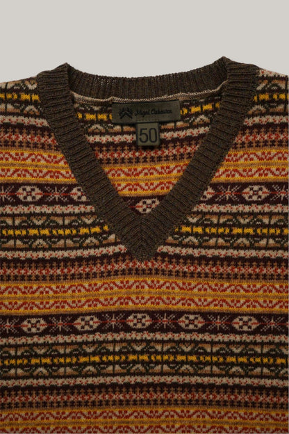 NIGEL CABOURN FAIRISLE V-NECK SWEATER - BROWN