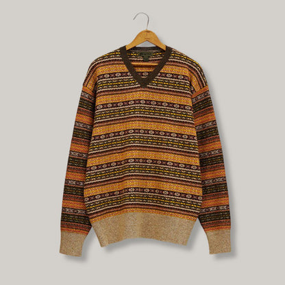 NIGEL CABOURN FAIRISLE V-NECK SWEATER - BROWN