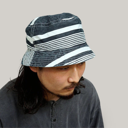 NIGEL CABOURN ACC-53 BUCKET HAT STRIPE  - DENIM/ WHITE