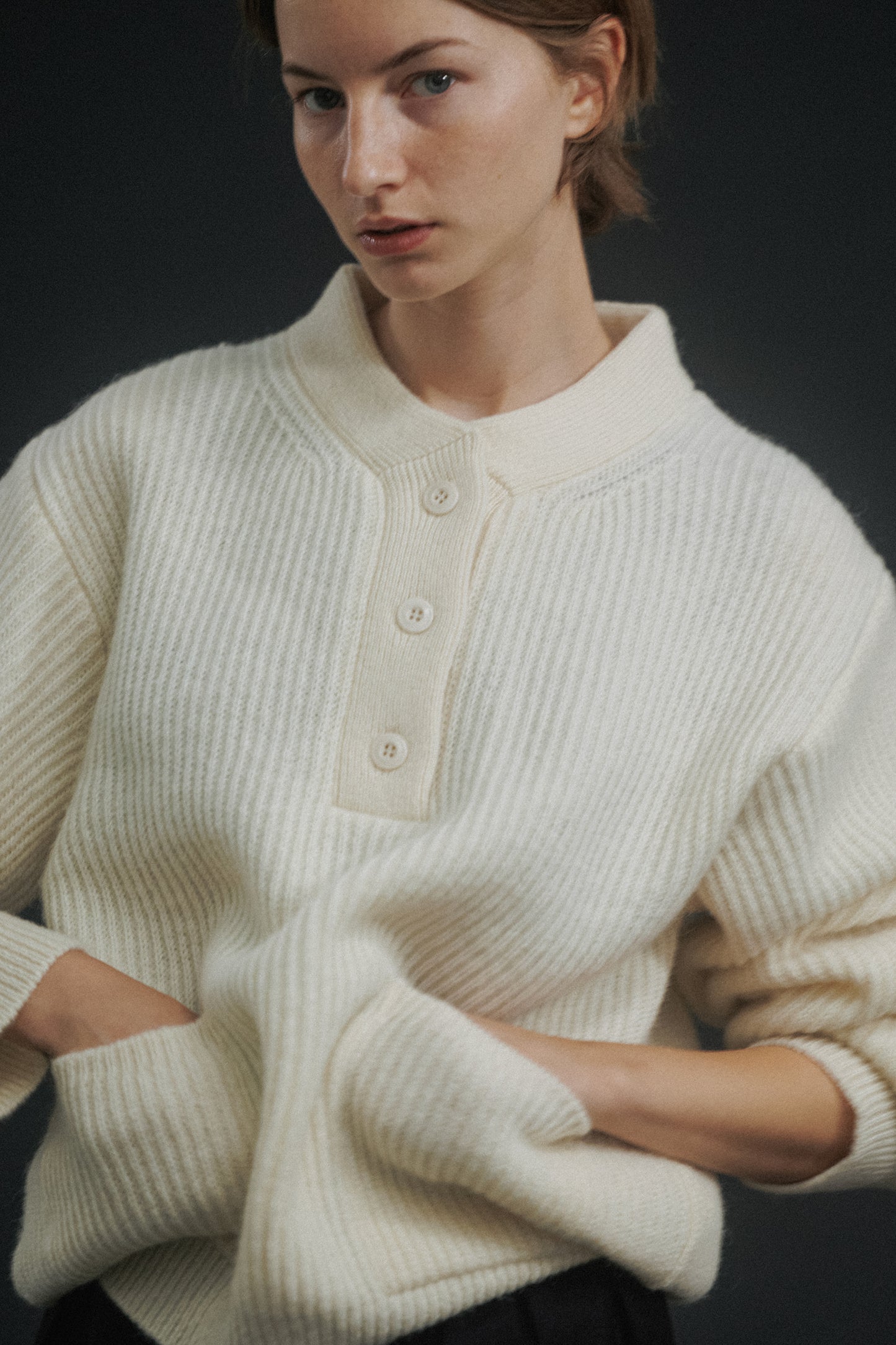 NOTHING WRITTEN SHETLAND WOOL HENLEY - NECK PULLOVER - IVORY