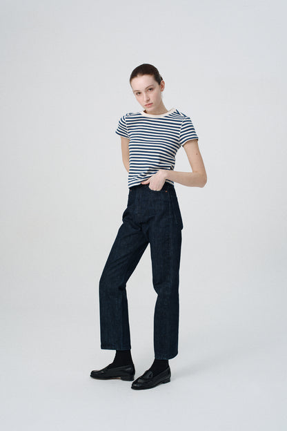 NOTHING WRITTEN PIPPA STRIPE RIB T-SHIRT - IVORY/ NAVY