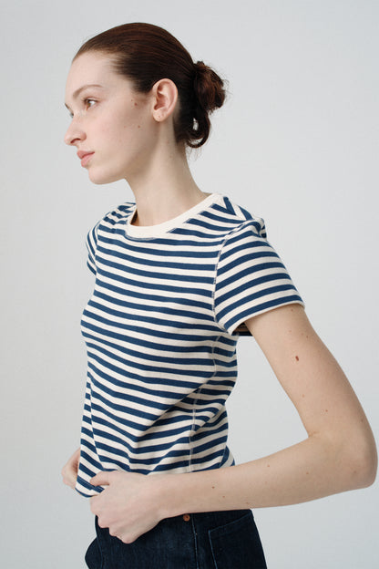 NOTHING WRITTEN PIPPA STRIPE RIB T-SHIRT - IVORY/ NAVY