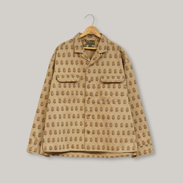 NIGEL CABOURN  MAINLINE OPEN COLLAR SHIRT - KHAKI ROKUTA PATTERN