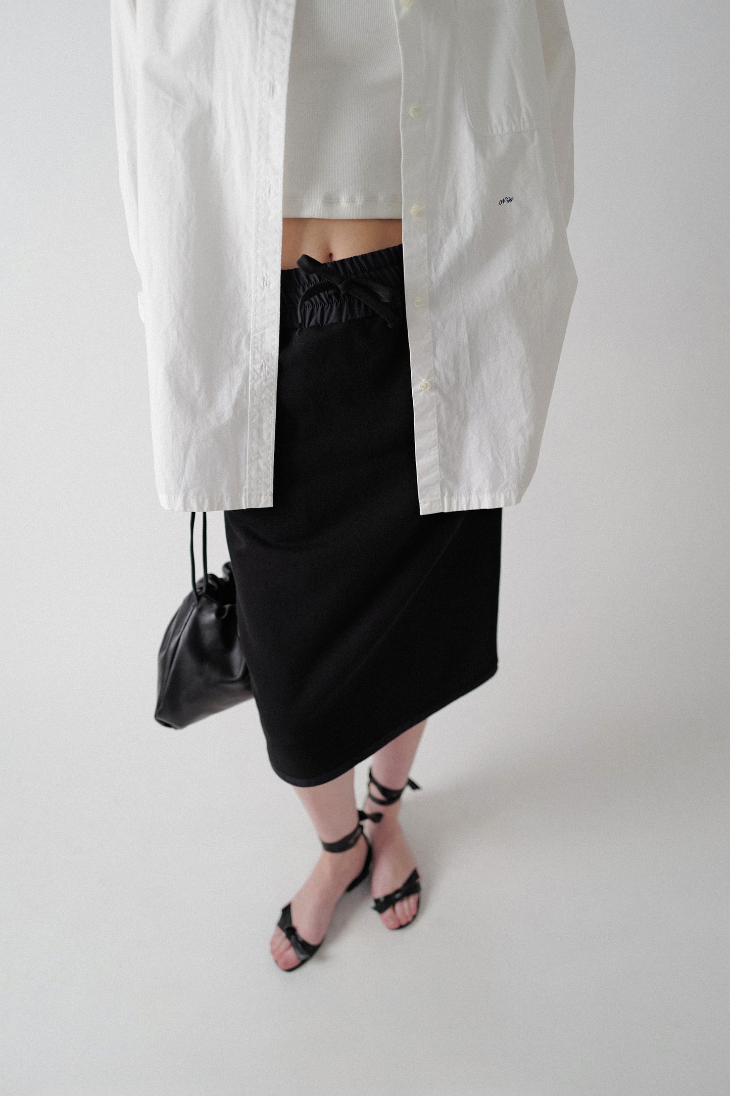 NOTHING WRITTEN DRAWSTRING COTTON MIDI SKIRT - BLACK